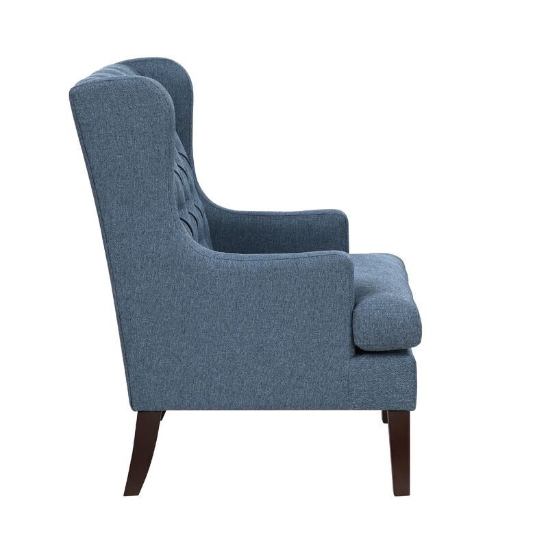 Hosanna Accent Wing Armchair, Button Tufted Blue Polyester, Brown Wood