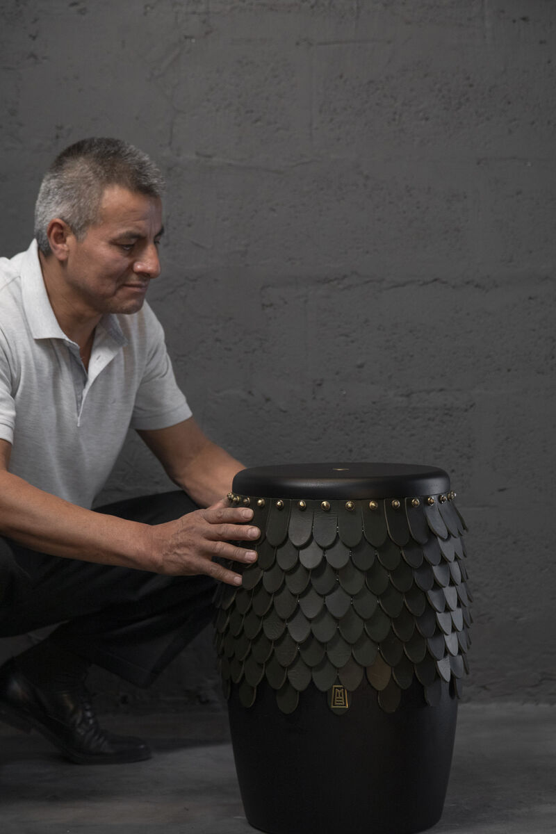 SITIERA_01 Solid Wood Stool, with Olivo Thick Leather Accents, and Aged Bronze by ANDEAN, In Stock