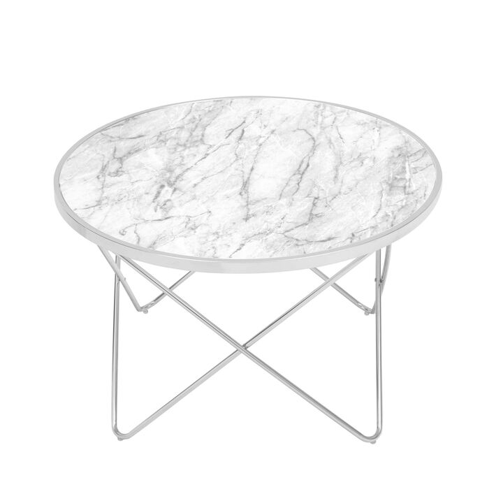 Margo Small Round Faux White Carrara Marble Coffee Table, White