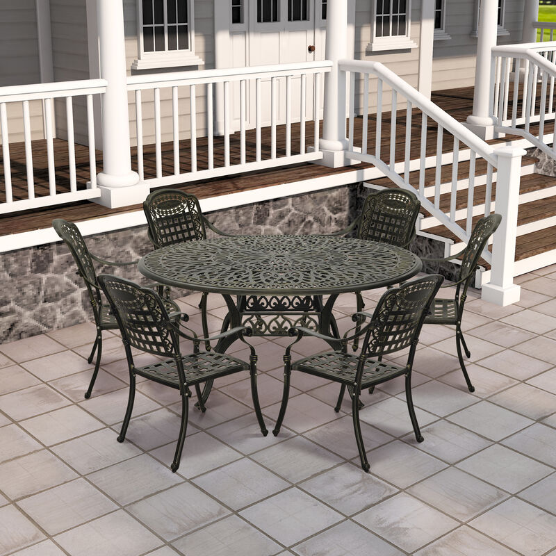MONDAWE 7-Piece Cast Aluminium Patio Dining Set Aluminum Round Table with 6 Stationary Chairs