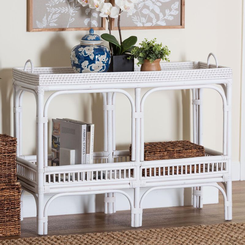 bali & pari Lombok Natural Rattan Console Table - Handwoven Wicker 2-Tier Accent Table with Raised Tray Top for Living Room or Entryway image number 6
