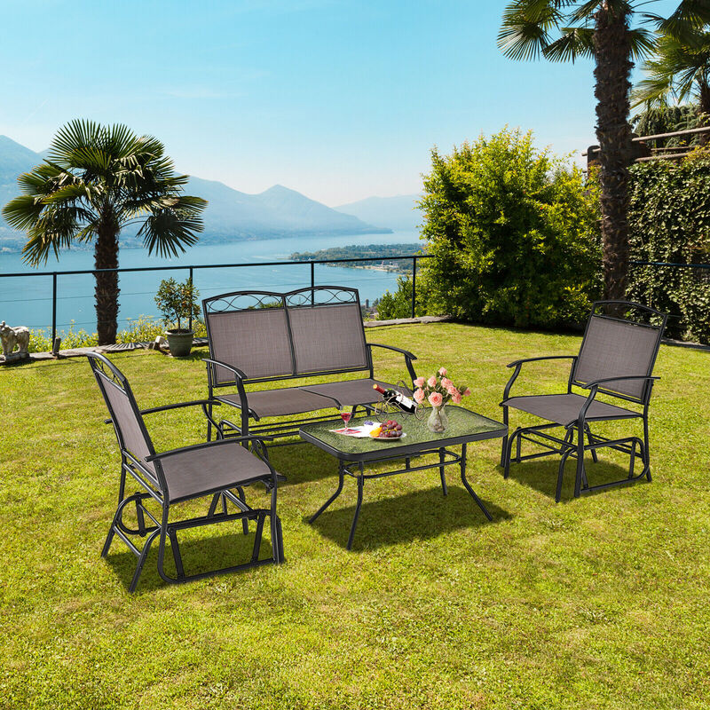 4 Piece Patio Glider Conversation Set with Tempered Glass Table Top