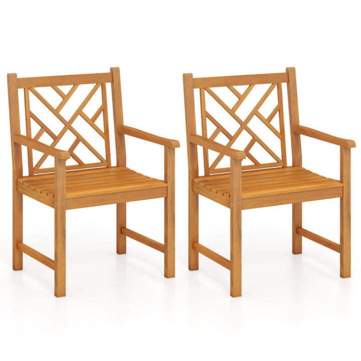 Outdoor Acacia Wood Dining Chairs Set of 2 with Cross Pattern Backrest