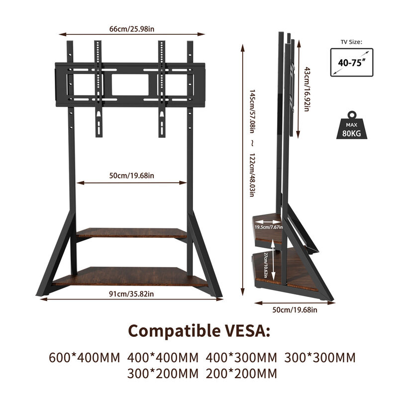 Universal TV Floor Mount Stand with Shelves and Height Adjustable for 40-75 inch image number 4
