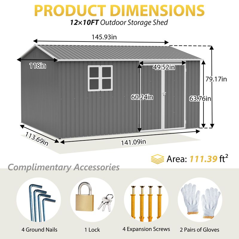 12 x 10 FT Galvanized Steel Shed, Lockable Storage for Patio & Garden image number 3