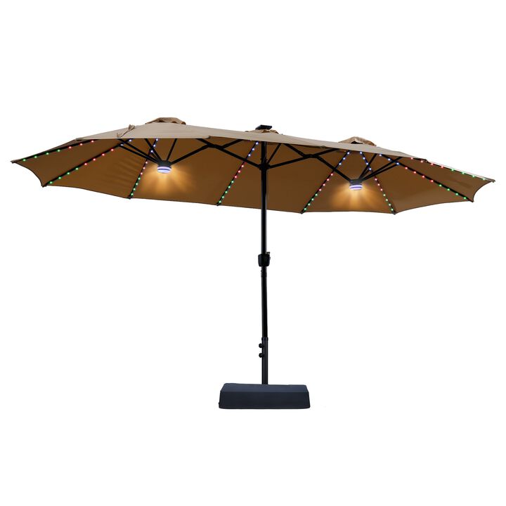 15FT Double-Sided Heavy Duty Solar RGB LED Patio Umbrella with Base, Dual Charging, Crank Handle
