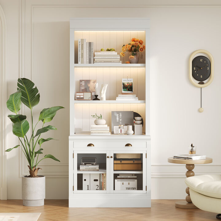 Whisen 83.4" Bookcase with LED Lighting, 2 Glass Doors & 1 Drawer, Solid Wood & MDF Storage Bookcase for Home Office