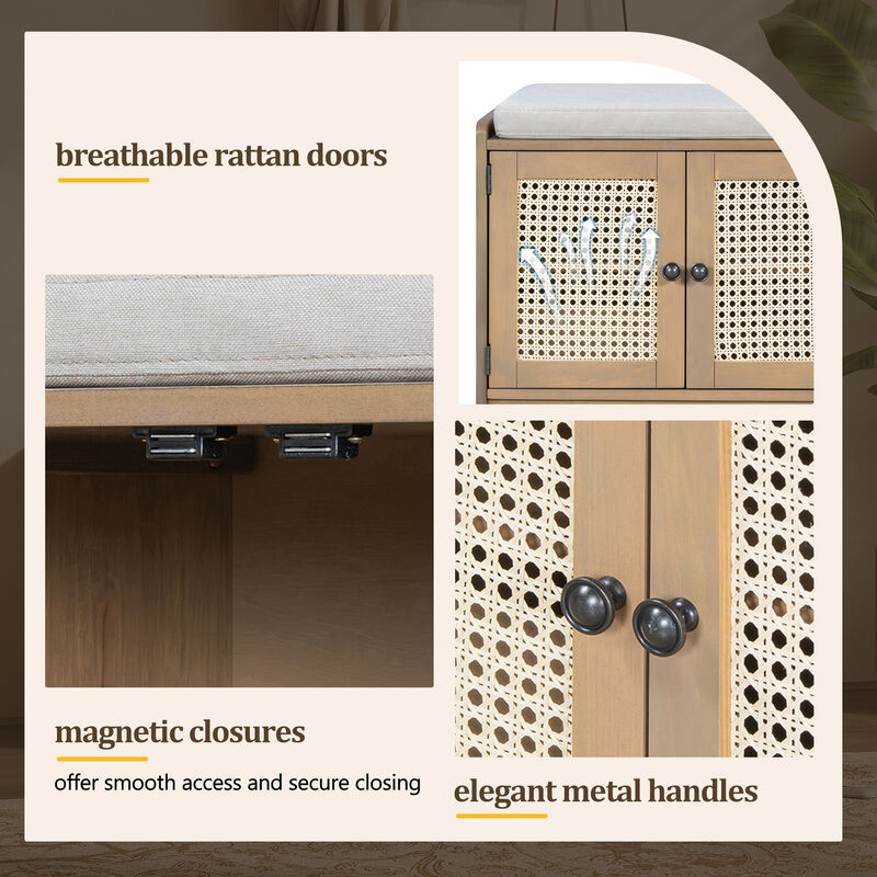 Merax Rustic Storage Bench with Woven Rattan Doors, 2 Adjustable Shelves image number 7