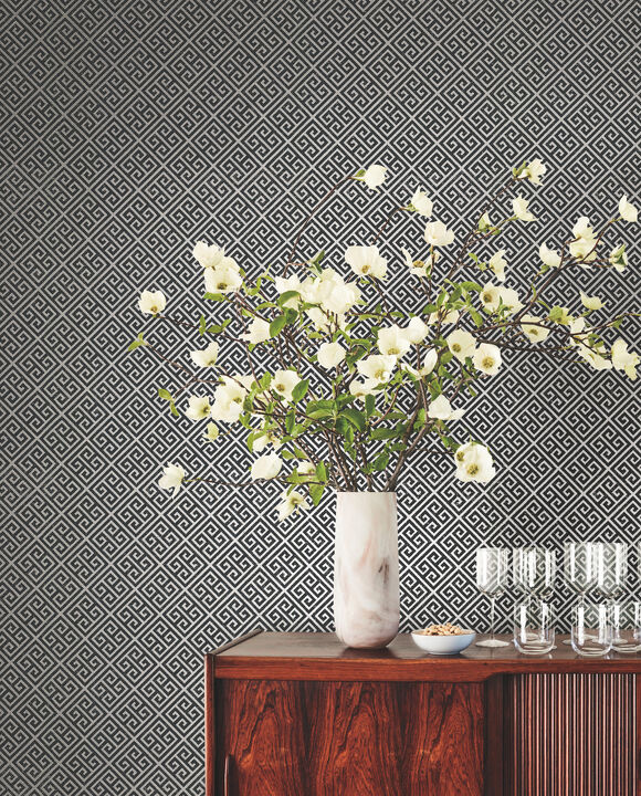 Grecian Geometric Silver & Black Wallpaper
