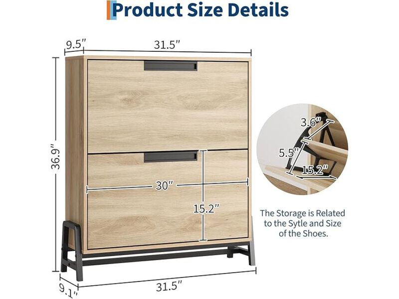 Slim Entryway Metal Shoe Storage Cabinet Flip Drawer Adjustable Space Saving Oak image number 2