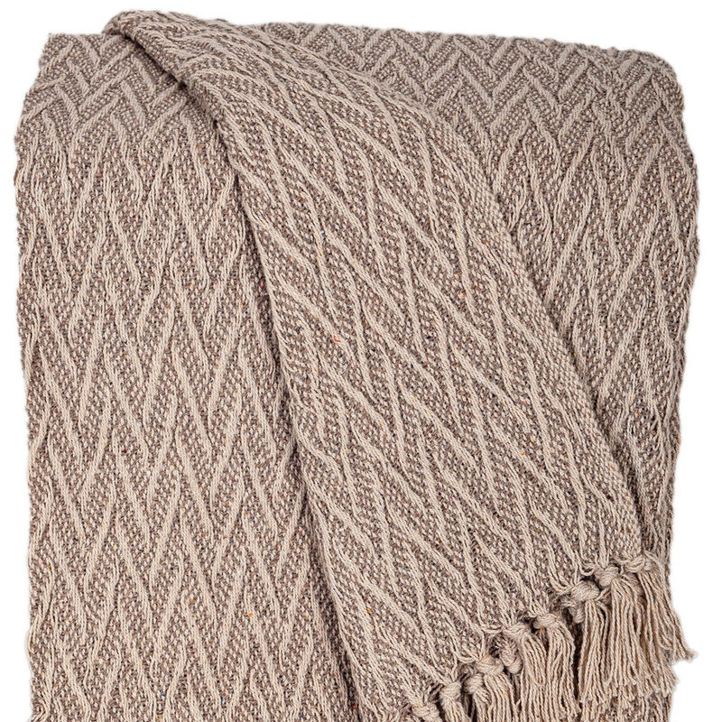 HomeRoots 52" X 67" Brown Woven Cotton Chevron Throw Blanket with Fringe image number 3