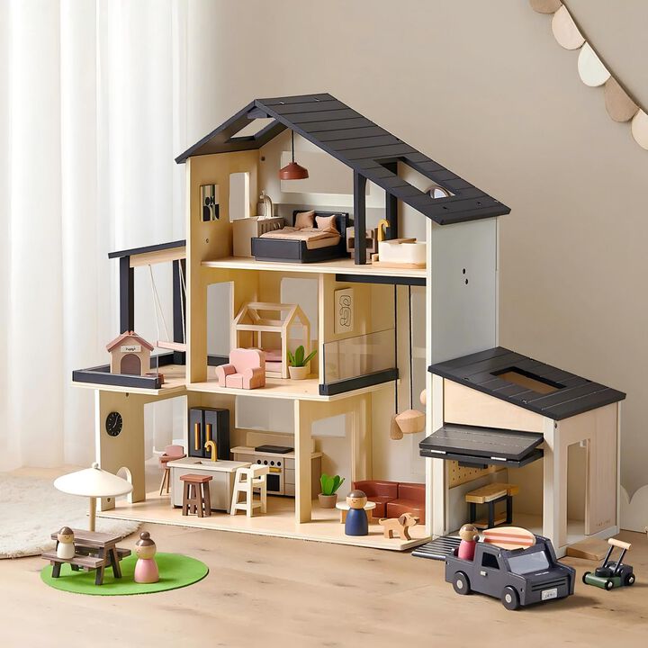 Wooden Doll House, Black Dollhouse & Dollhouse Garage & Extra Dolls Set