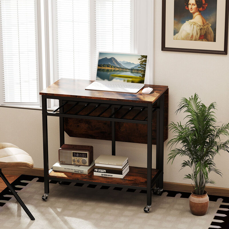 Expandable Folding Dining Table with Laptop Tray, Wine Rack, and Casters-Rustic Brown image number 4
