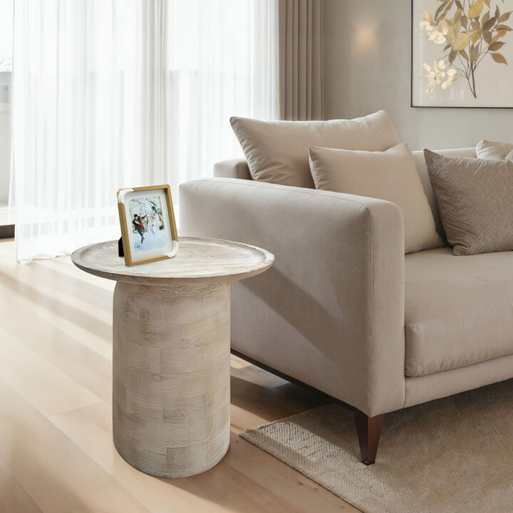 Oais Side End Table, Sandblasted Distressed White Mango Wood, 17 Inch Round Top