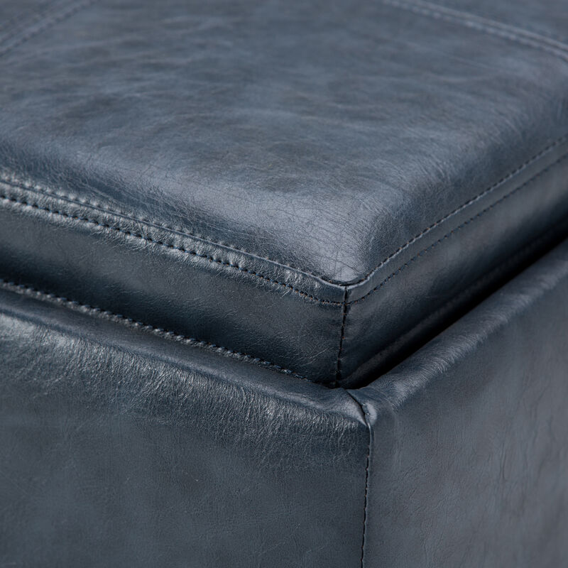 Rockwood 17 inch Wide Contemporary Square Cube Storage Ottoman with Tray in Denim Blue Vegan Faux Leather, Assembled