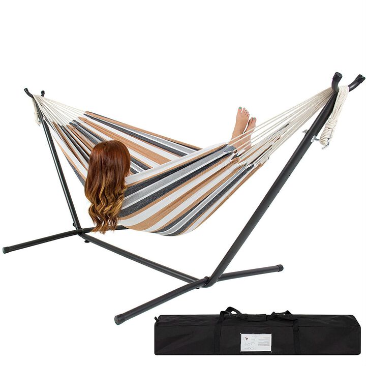 Portable Stripe Cotton Hammock with Metal Stand and Carry Case