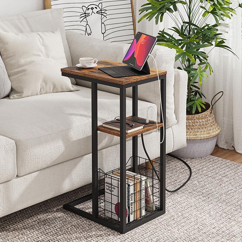 Vagusicc C Shaped End Table with Charging Station, Side Table for Couch, Small Side End Table for Small Spaces, 28"" High Slide