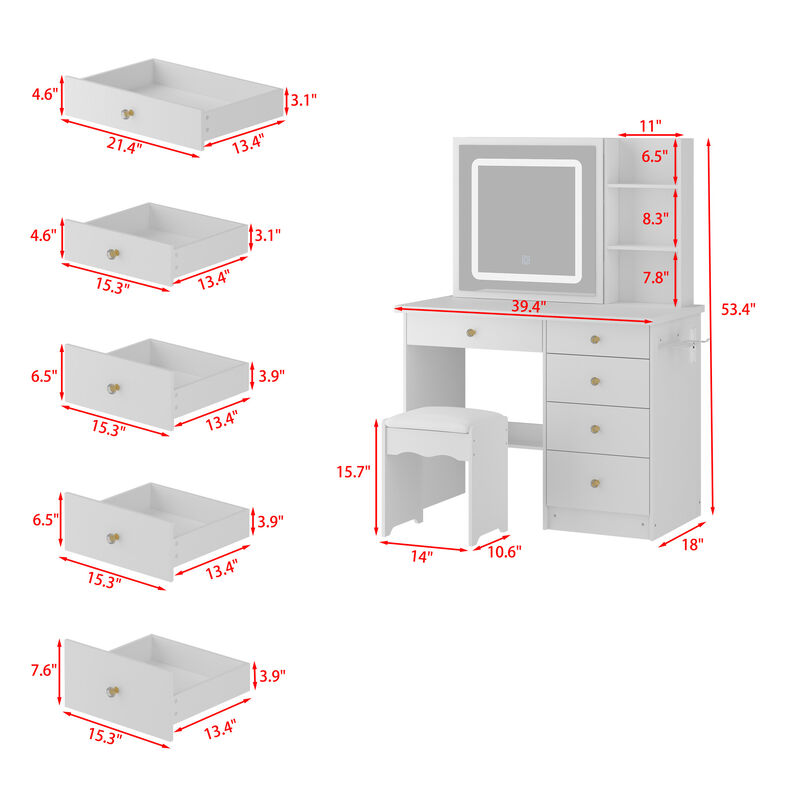 FUFU&GAGA Makeup Vanity Set with Sliding LED Mirror, Power Outlet, Hair Dryer Holder, Drawers & Stool, (39.4"L x 18"W x 53.4"H), White