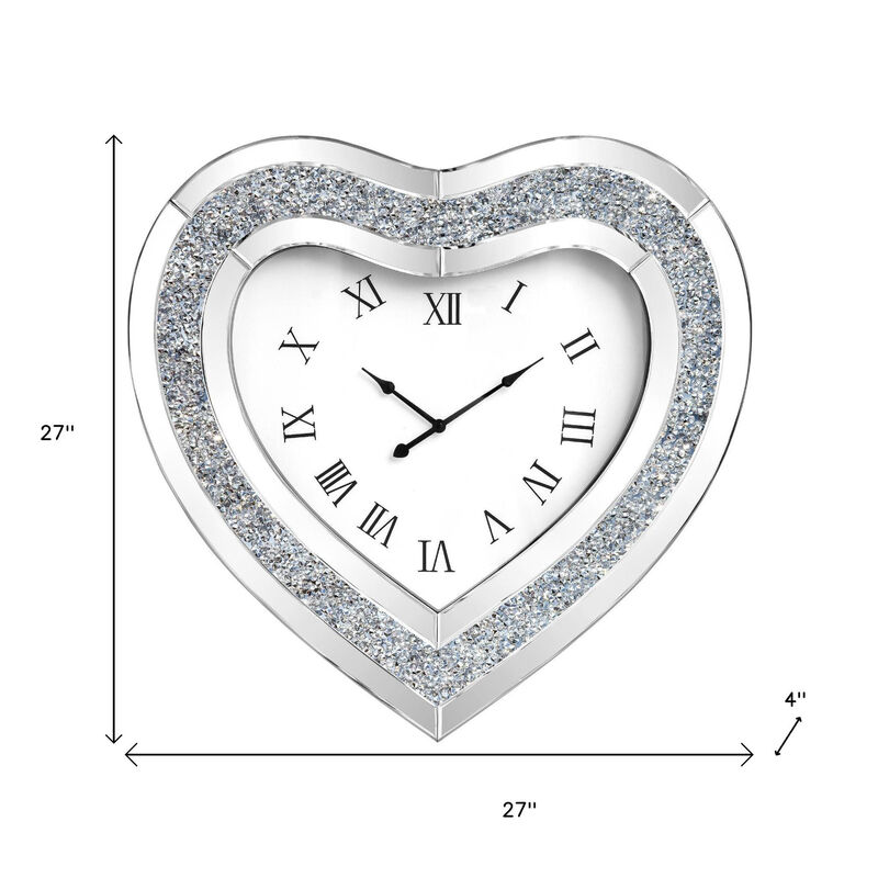 HomeRoots 27" Silver Faux Crystal And Mirrored Glass Silent Analog Heart Wall Clock image number 3