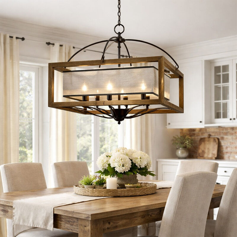 6 Bulb Square Chandelier with Wooden Frame and Organza Striped Shade, Brown - Benzara image number 8