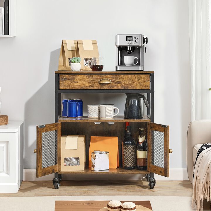 24 Inch Rustic Brown Farmhouse Coffee Bar Cabinet with Storage and Rolling Wheels