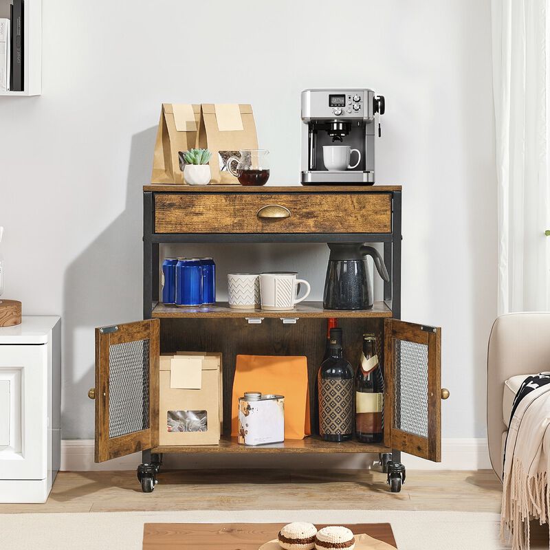 24 Inch Rustic Brown Farmhouse Coffee Bar Cabinet with Storage and Rolling Wheels image number 1