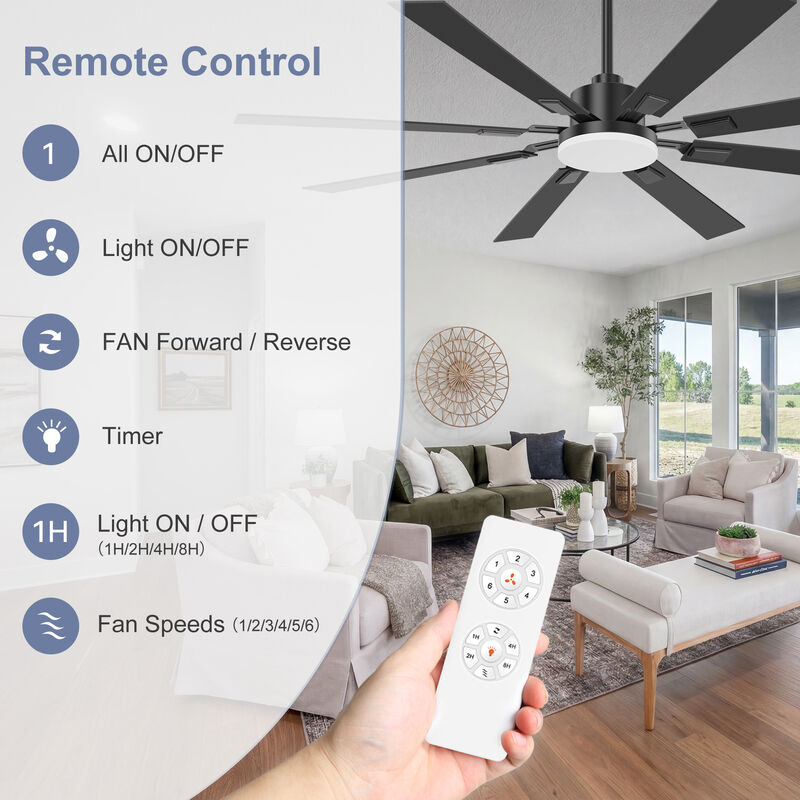 Breezary 72" LED Ceiling Fan with Light, 8 Plywood Blades, 6 Speeds, Remote Control image number 4