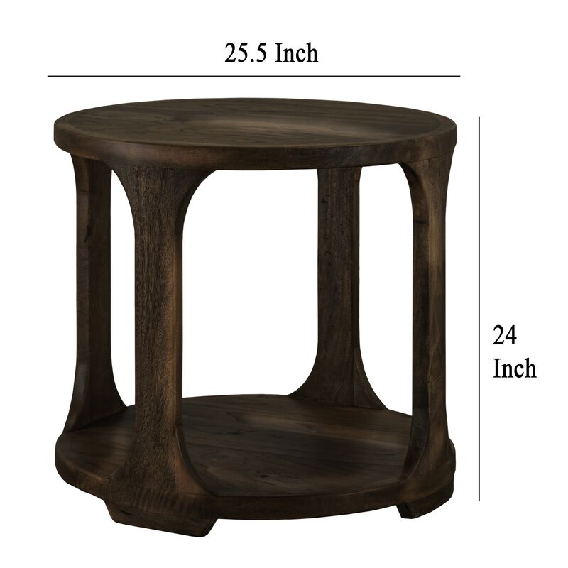 Eray Side End Table, 1 Shelf, Round Open Frame, Black Teak, 26 Inch