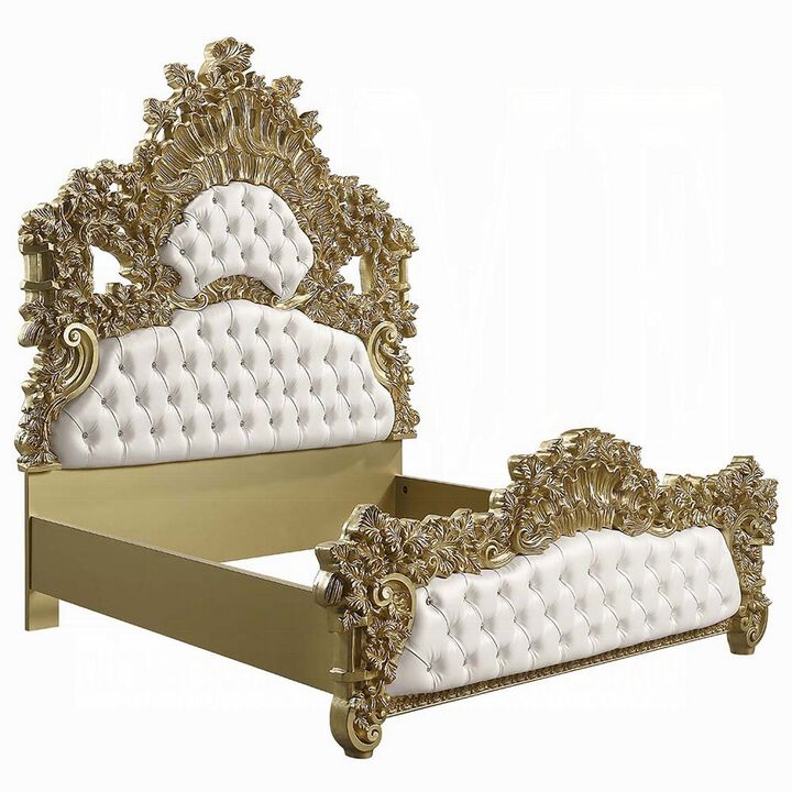Rexx King Bed, White Faux Leather Victorian Carved, Classic Gold Wood - Benzara