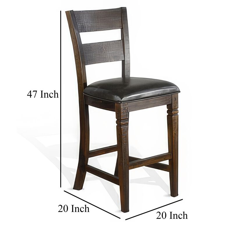 Flint Barstool Chair, Set of 2, Ladderback, Black Vinyl, Dark Brown Mahogany - Benzara
