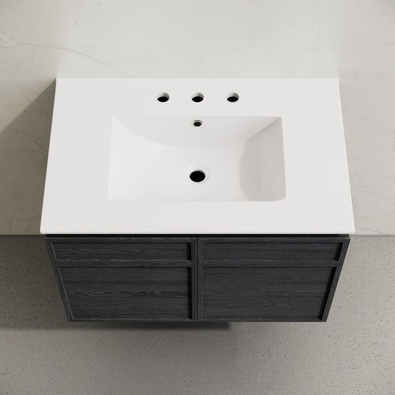 30" Wall-Mounted Bathroom Vanity in Black Oak with 3-Hole Widespread Sink Top image number 2