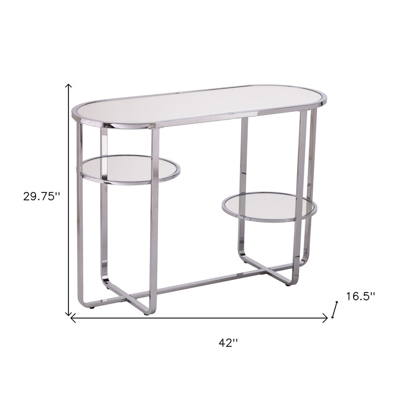 HomeRoots 42" Silver Mirrored Glass and Iron Oval Cross Leg Console Table With Two Shelves image number 5