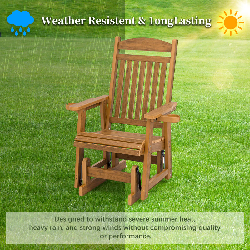 Poly Lumber Patio Glider for One Person, Ergonomic Deep Seat and High Backrest, with Removable Cup Holders, Wood-Like Pattern, Heavy Duty 700 LBS, for Outdoor Patio Garden Yard (Teak)