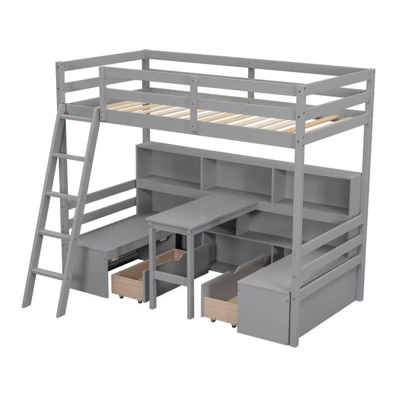 Whisen Twin Loft Bed With Storage Shelves, Drawers, Seat And Desk