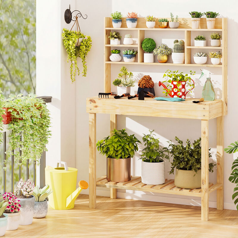 Garden Potting Bench Workstation with Wooden Table and 3-Tier Open Shelves image number 3