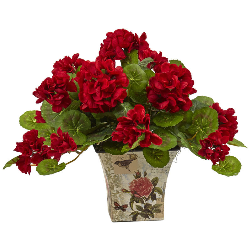 Nearly Natural 11-in Geranium Flowering Plant with Floral Planter (set of 2)