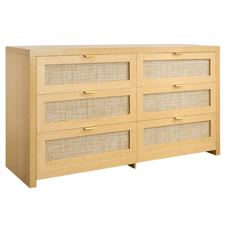 Modern Wood Rattan Dresser with 6 Drawers Clothing Organizer image number 4