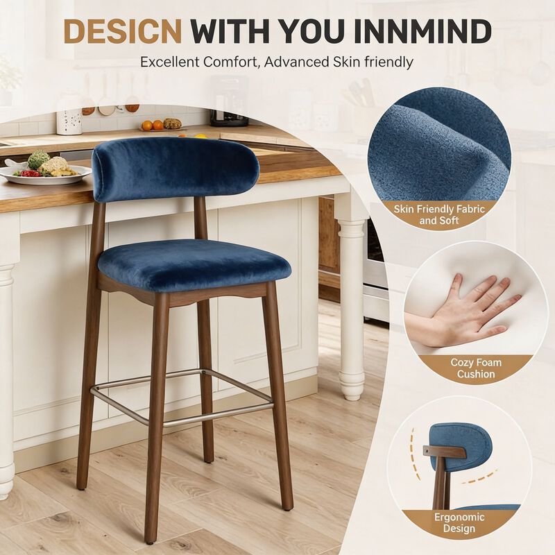 Modern Metal Counter Height Bar Stools | Steady Rubber Wood Legs & Ergonomic Backrest, Non-Swivel Kitchen Island Chairs for Dining Room, Home Bar, Outdoor image number 2