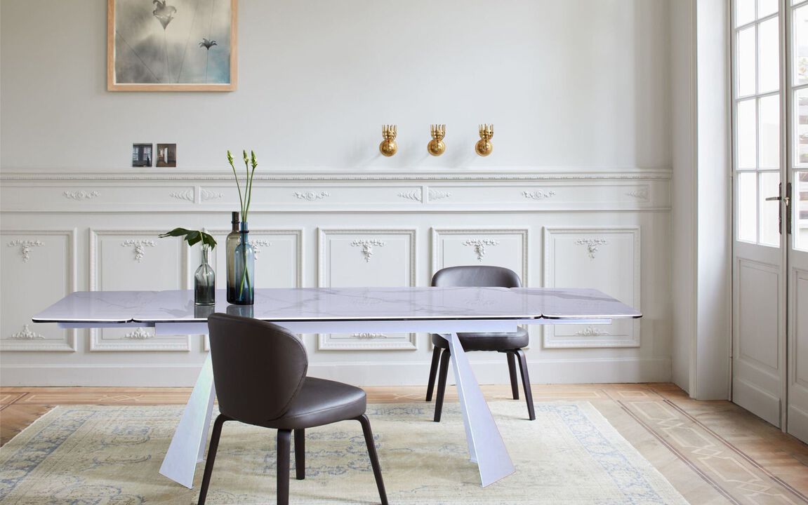 White Ceramic Extension Dining Table with White Metal leg