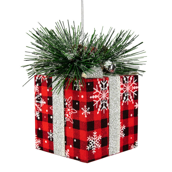 6" Black and Red Buffalo Plaid Gift Box Christmas Ornament