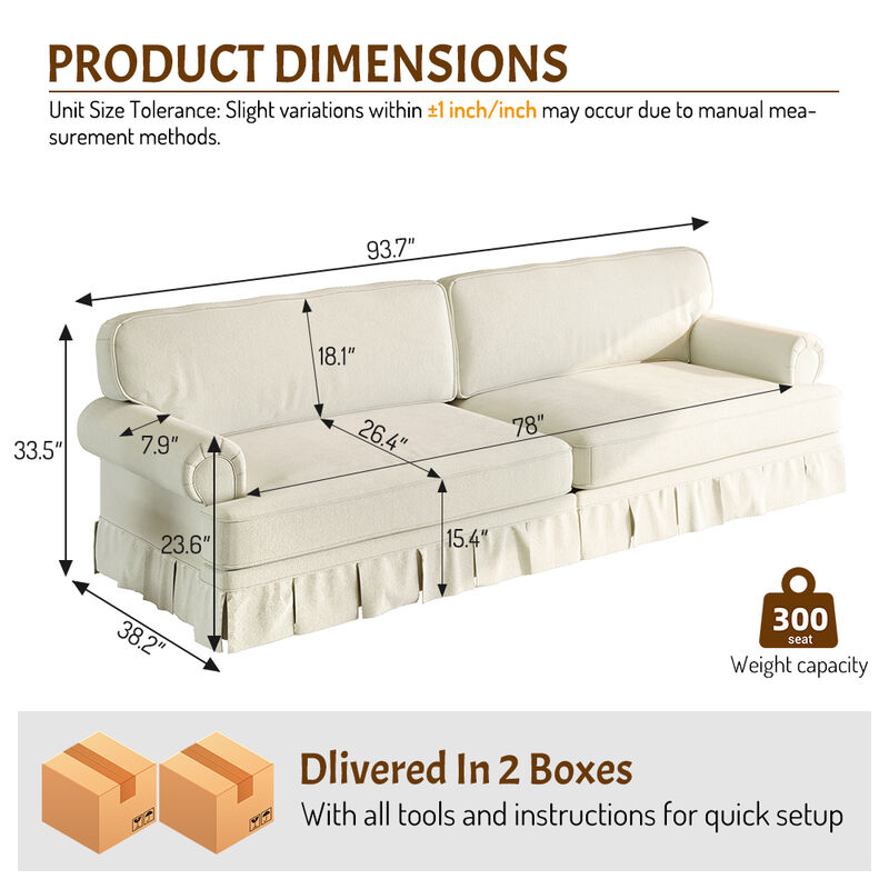 Whisen Mid-Century Sofa, Oxford Fabric Cloud Couch with Elegant Rolled Arms and Pleated Skirt Design