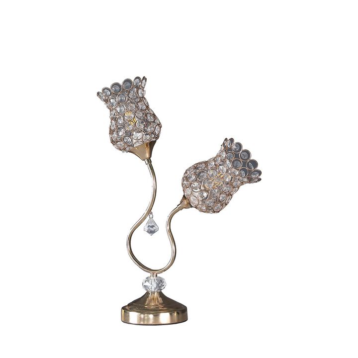 Metal Table Lamp with Floral Trumpet Shade and Crystal Accents, Gold-Benzara
