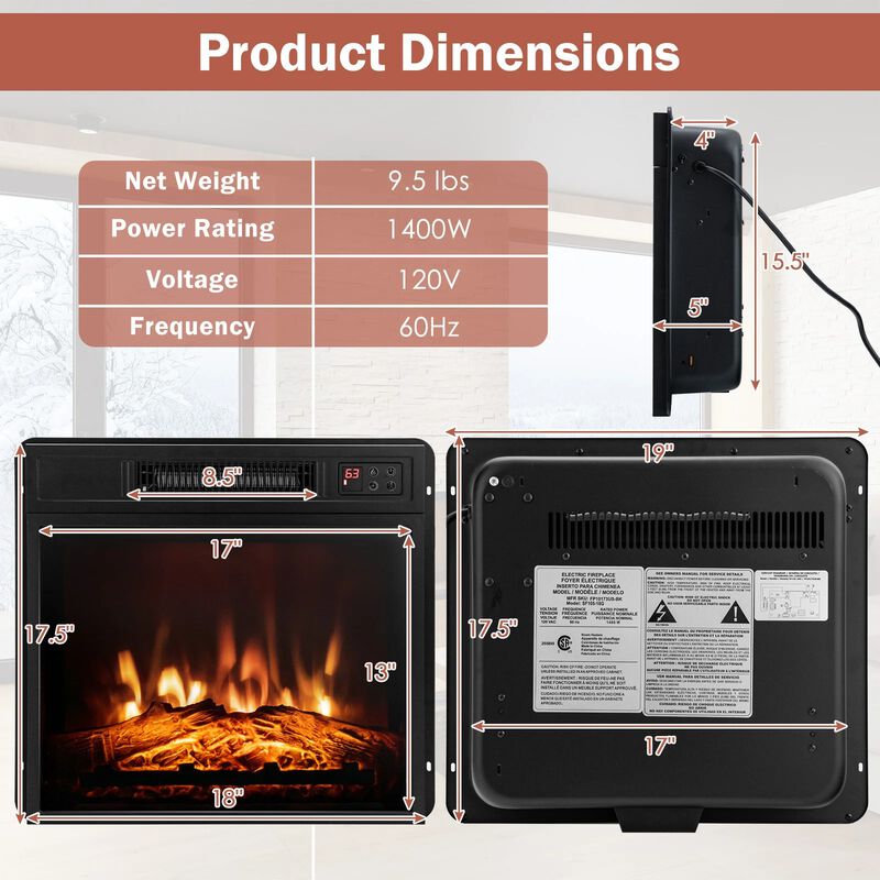 Mondawe 18" Electric Fireplace - 3D Flame & 1400W Heater