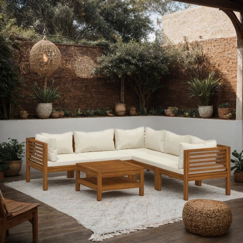 Soma 6pc Outdoor Modular Sofa Set, Ivory Fabric Cushions, Brown Wood - Benzara