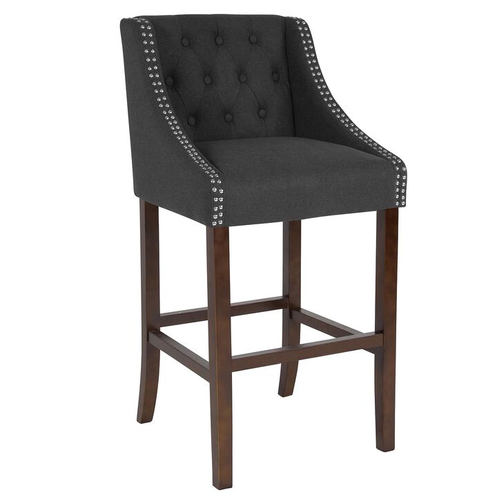 Flash Furniture Carmel Series 30" High Transitional Tufted Walnut Barstool with Accent Nail Trim in Charcoal Fabric