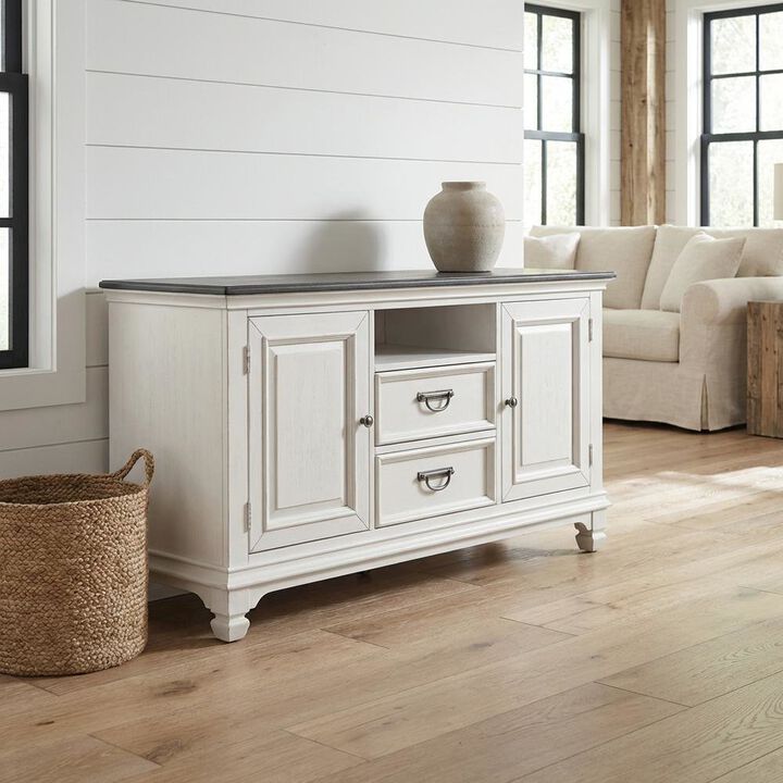 Liberty Furniture White Wirebrushed TV Console with Charcoal Top in Cottage Style