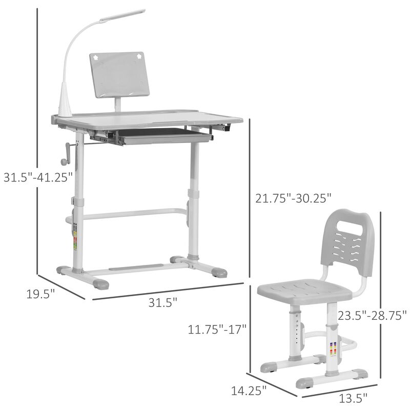 Kids Desk and Chair Set Height Adjustable Children Study Table with Tilt Desktop, LED Lamp, Drawer, Reading Board, Cup Holder, Pen Slots image number 2