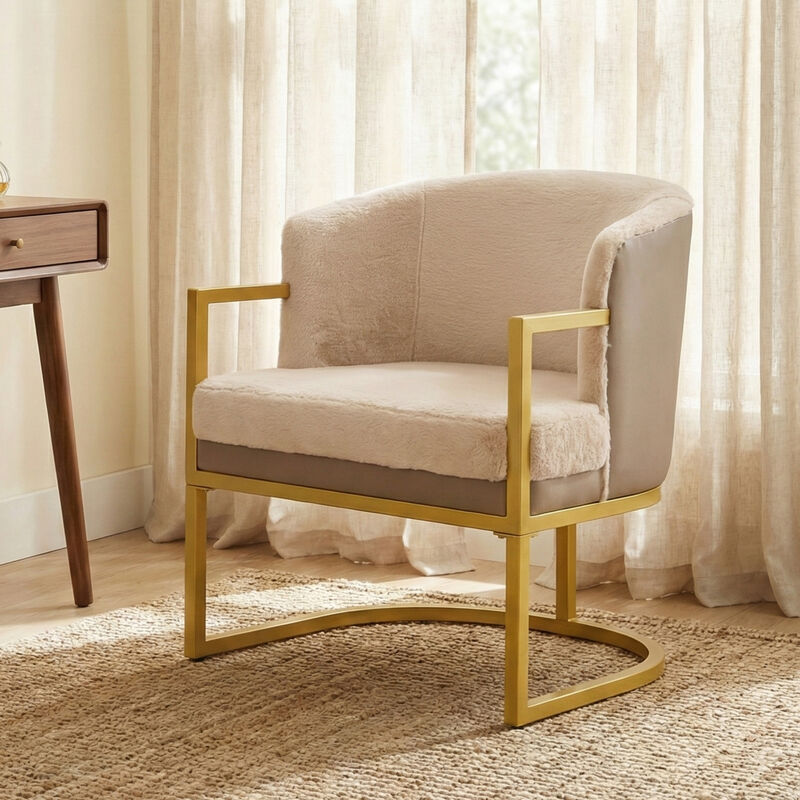 Merax Faux Rabbit Fur Accent Chair with Golden Metal Frame image number 1