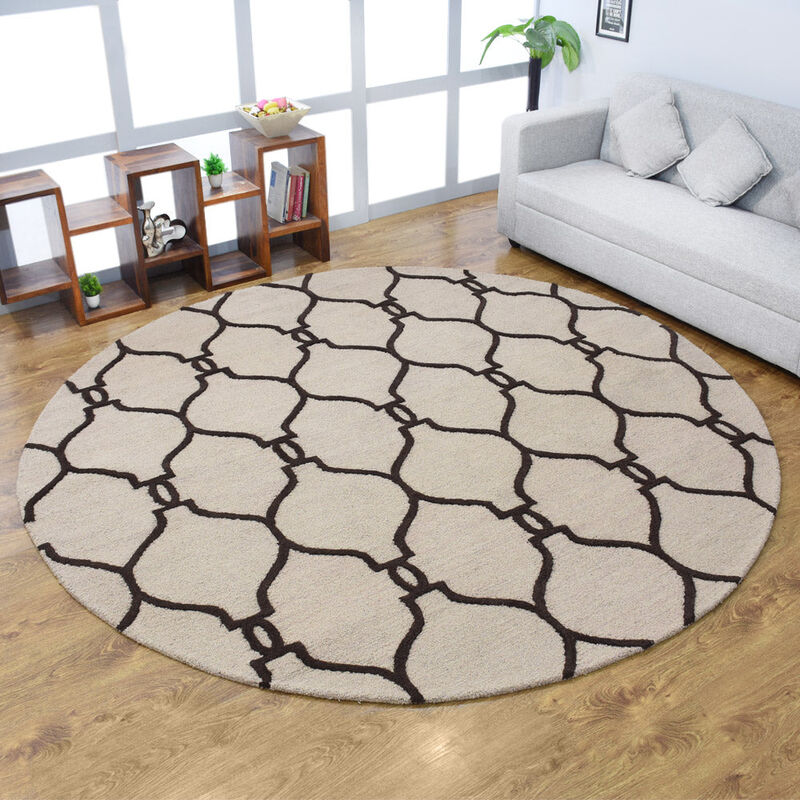 RUGSOTIC CARPETS HAND TUFTED WOOL ECO-FRIENDLY AREA RUGS  - 8'x8', Round Shape, Beige & Brown, Geometric Modern Design, High Pile Thick Handmade Area Rugs for Living Room, Bed Room (K01004) image number 1