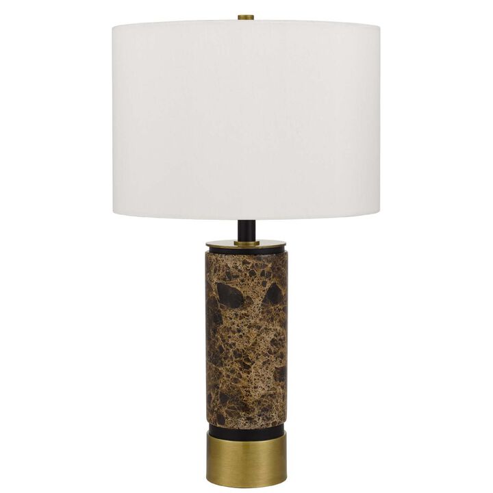 Table Lamp, White Drum Shade, Brass Base, Swirled Black Marble 22 Inch